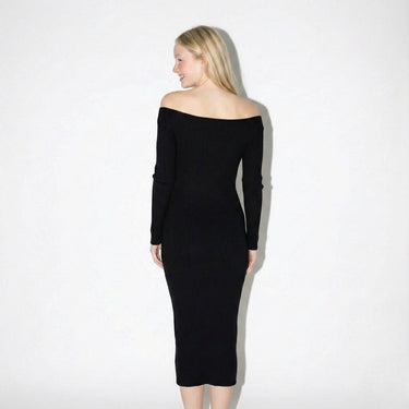 Ribbed Off-Shoulder Maxi Dress with Long Sleeves