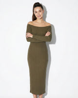 Ribbed Off-Shoulder Maxi Dress with Long Sleeves