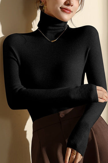 Close-up of the ribbed texture and roll neck collar