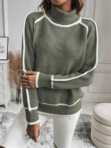 Close-up of the ribbed roll neck collar in green