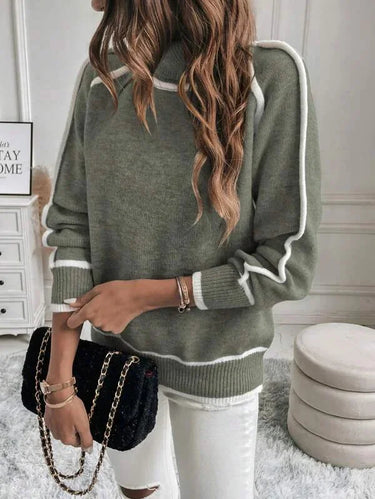 Rear view of the green roll neck sweater showing clean back panel