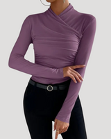 Ruched Long Sleeve Crossover Top with High Neck