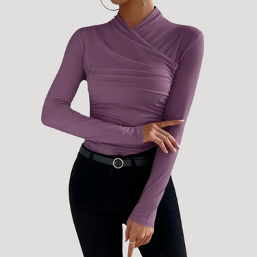 Ruched Long Sleeve Crossover Top with High Neck
