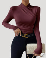 Ruched Long Sleeve Crossover Top with High Neck