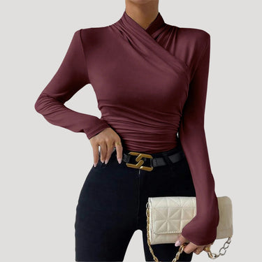 Ruched Long Sleeve Crossover Top with High Neck