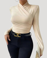 Ruched Long Sleeve Crossover Top with High Neck