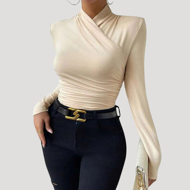 Ruched Long Sleeve Crossover Top with High Neck