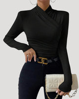Ruched Long Sleeve Crossover Top with High Neck