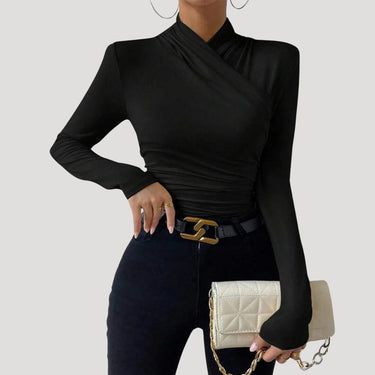 Ruched Long Sleeve Crossover Top with High Neck