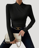 Ruched Long Sleeve Crossover Top with High Neck