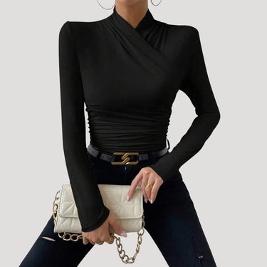 Ruched Long Sleeve Crossover Top with High Neck