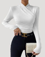 Ruched Long Sleeve Crossover Top with High Neck