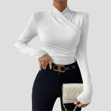 Ruched Long Sleeve Crossover Top with High Neck