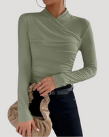 Ruched Long Sleeve Crossover Top with High Neck