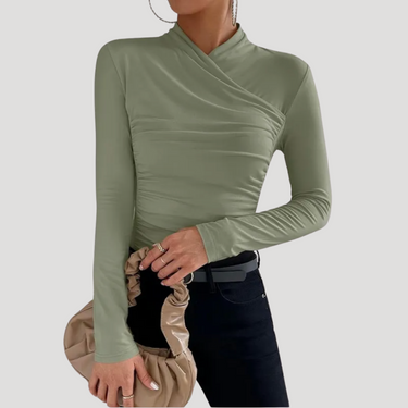 Ruched Long Sleeve Crossover Top with High Neck