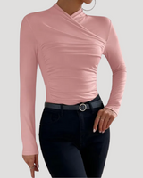 Ruched Long Sleeve Crossover Top with High Neck