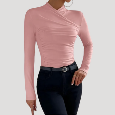 Ruched Long Sleeve Crossover Top with High Neck