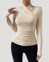 Ruched Long Sleeve Crossover Top with High Neck