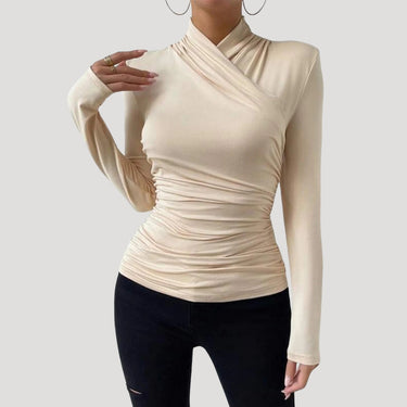 Ruched Long Sleeve Crossover Top with High Neck