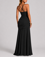 Ruched Maxi Evening Dress with Square Neckline