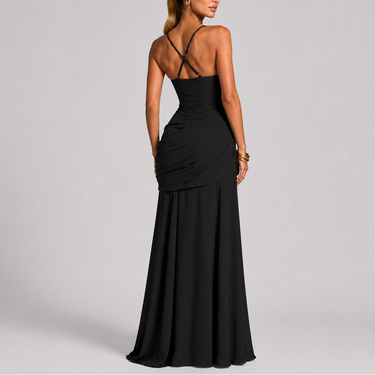 Ruched Maxi Evening Dress with Square Neckline