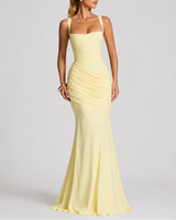 Ruched Maxi Evening Dress with Square Neckline