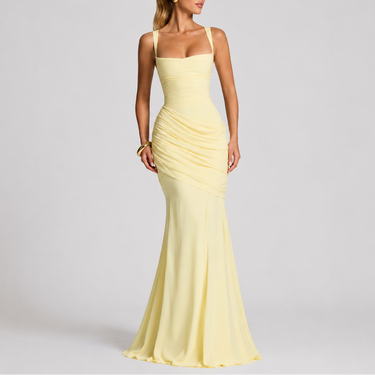 Ruched Maxi Evening Dress with Square Neckline