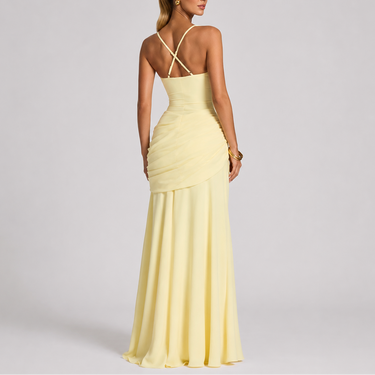 Ruched Maxi Evening Dress with Square Neckline