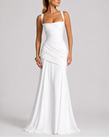 Ruched Maxi Evening Dress with Square Neckline