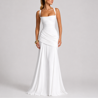 Ruched Maxi Evening Dress with Square Neckline