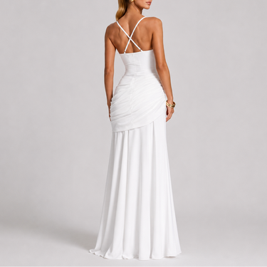 Ruched Maxi Evening Dress with Square Neckline