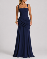 Ruched Maxi Evening Dress with Square Neckline