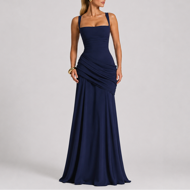 Ruched Maxi Evening Dress with Square Neckline