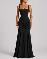 Ruched Maxi Evening Dress with Square Neckline