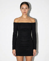 Ruched Off-Shoulder Mini Dress with Long Sleeves