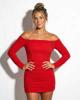 Ruched Off-Shoulder Mini Dress with Long Sleeves