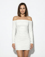 Ruched Off-Shoulder Mini Dress with Long Sleeves