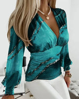 Ruched V Neck Blouse with Long Sleeves
