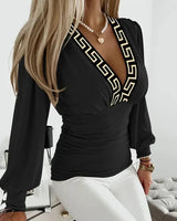 Ruched V Neck Blouse with Long Sleeves
