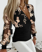 Ruched V Neck Blouse with Long Sleeves