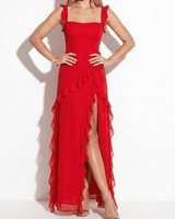 Ruffle Trim Maxi Dress with Square Neck and High Slit