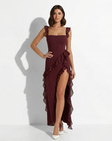 Ruffle Trim Maxi Dress with Square Neck and High Slit