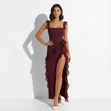 Ruffle Trim Maxi Dress with Square Neck and High Slit