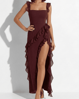 Ruffle Trim Maxi Dress with Square Neck and High Slit