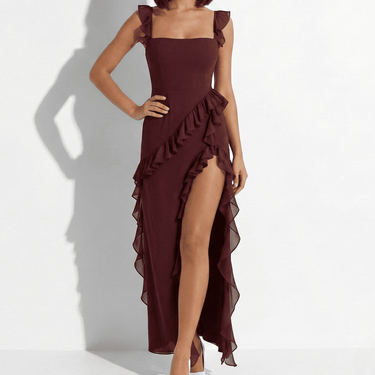 Ruffle Trim Maxi Dress with Square Neck and High Slit