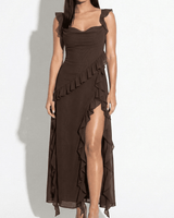Ruffle Trim Maxi Dress with Square Neck and High Slit
