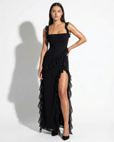 Ruffle Trim Maxi Dress with Square Neck and High Slit