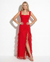Ruffle Trim Maxi Dress with Square Neck and High Slit
