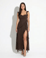 Ruffle Trim Maxi Dress with Square Neck and High Slit