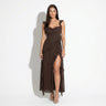 Ruffle Trim Maxi Dress with Square Neck and High Slit